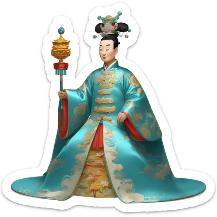 Qianlong, Qing dynasty's emperor, is recognized by his majestic attire: dragon-adorned imperial robes, a court headdress, and a ceremonial scepter. 🐉👑 sticker