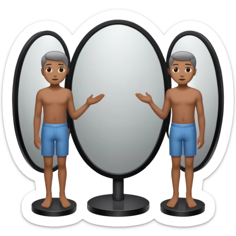 Minimalist emoji-style sticker of a person standing before a mirror, but the reflection is moving differently. Black and gray icon.
 sticker