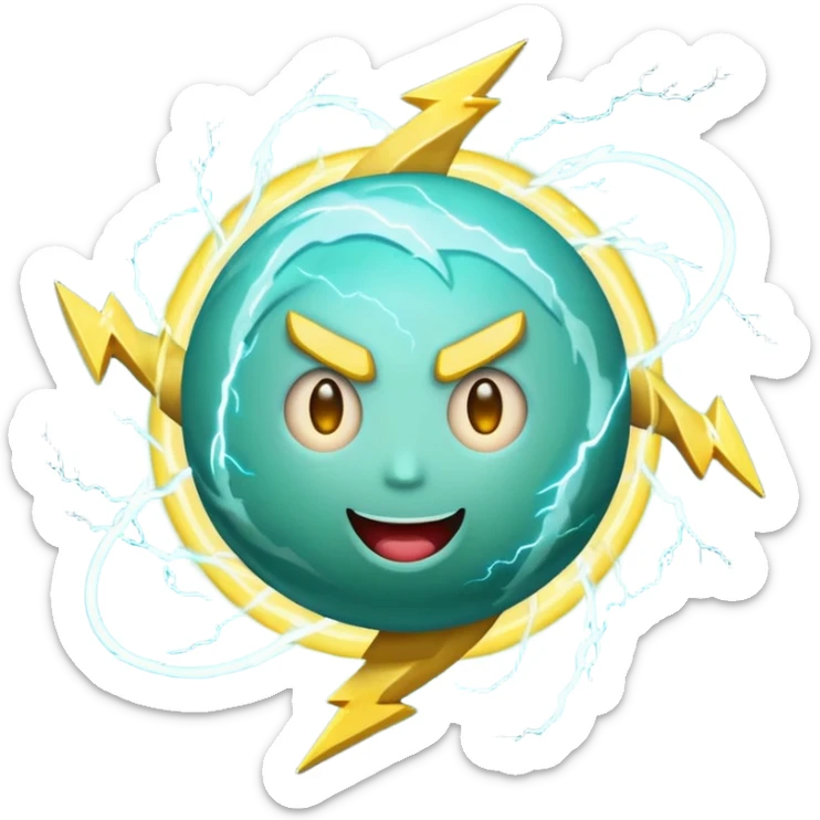Uranus emoji in Apple-style, blue-green planet with swirling rings, a big playful and excited face, and a large yellow lightning bolt in front, bursting with electric, chaotic energy sticker