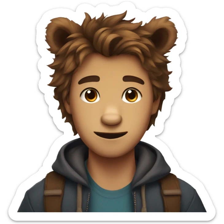 bear boy with messy brown hair, animal ears and nose, fangs sticker