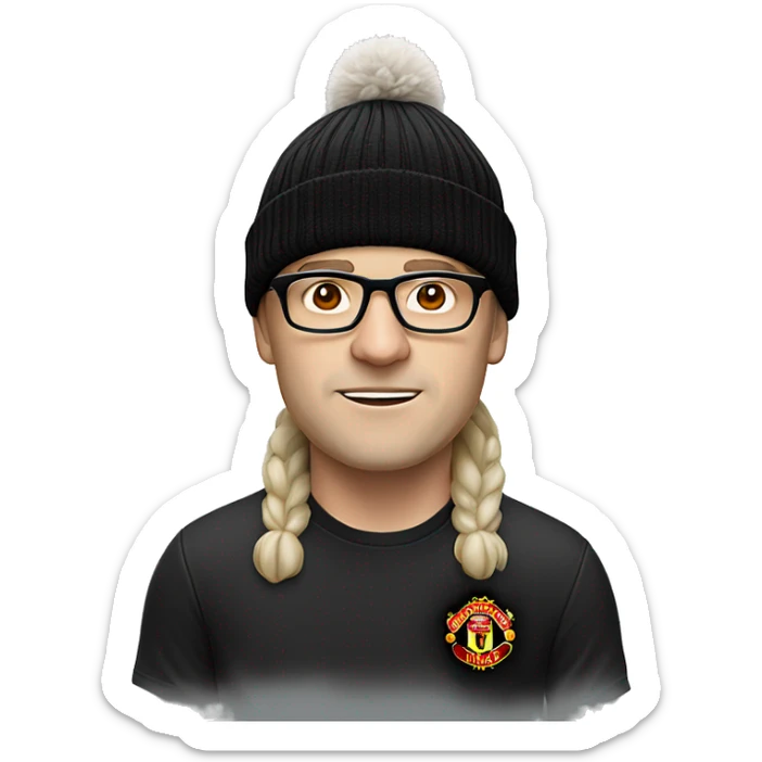 a white-skinned man in a black winter hat, with horns and wearing glasses and a Manchester United T-shirt sticker