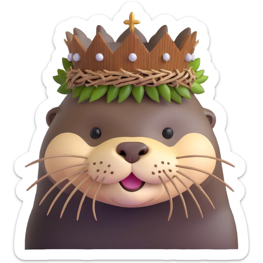 really cute confused otter face portrait with simple wooden thorny stem wrapped horizontally around its forehead like Jesus Crown of thorns, no metal, natural wood thorns, portrait painting style sticker