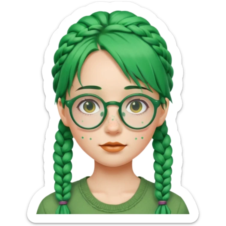 girl with green hairs, braids and spectacle, big visible braids and unique face shape sticker