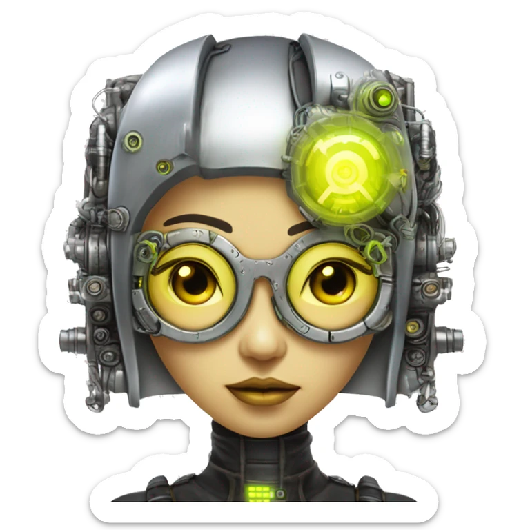 Neon yellow bobbed hair Asian female cyborg head with silver steampunk goggles and circuits sticker
