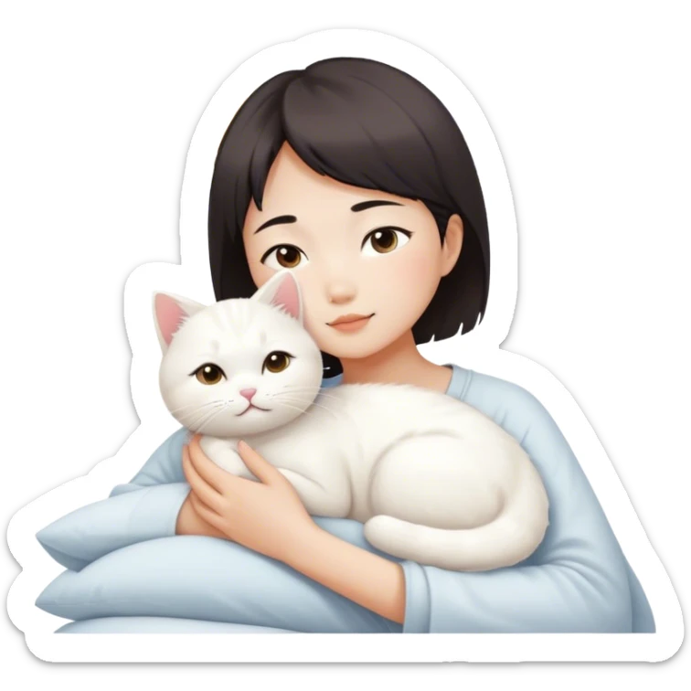 Short hair Asian girl wake up with white cat , sunshine  sticker