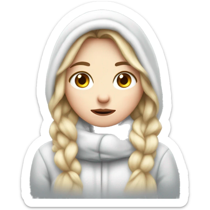 A white girl with squinted eyes freezes in the cold, hugs herself to keep warm sticker