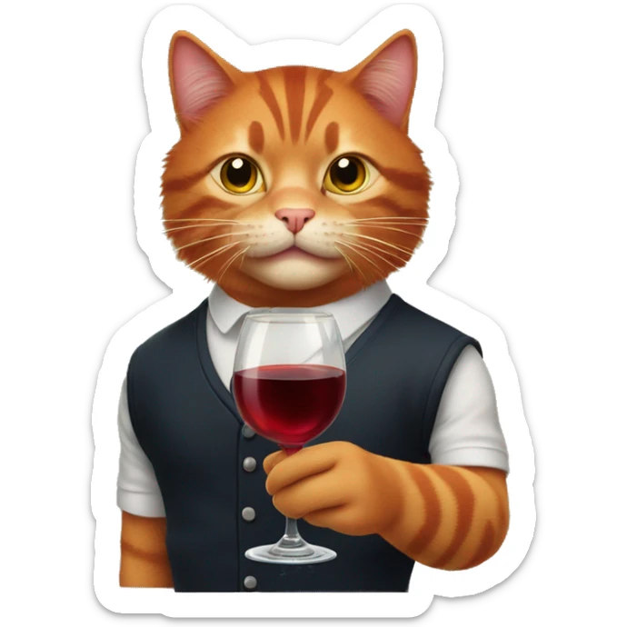 A red-haired cat with a cigarette in his mouth and a glass of wine in his hands sticker