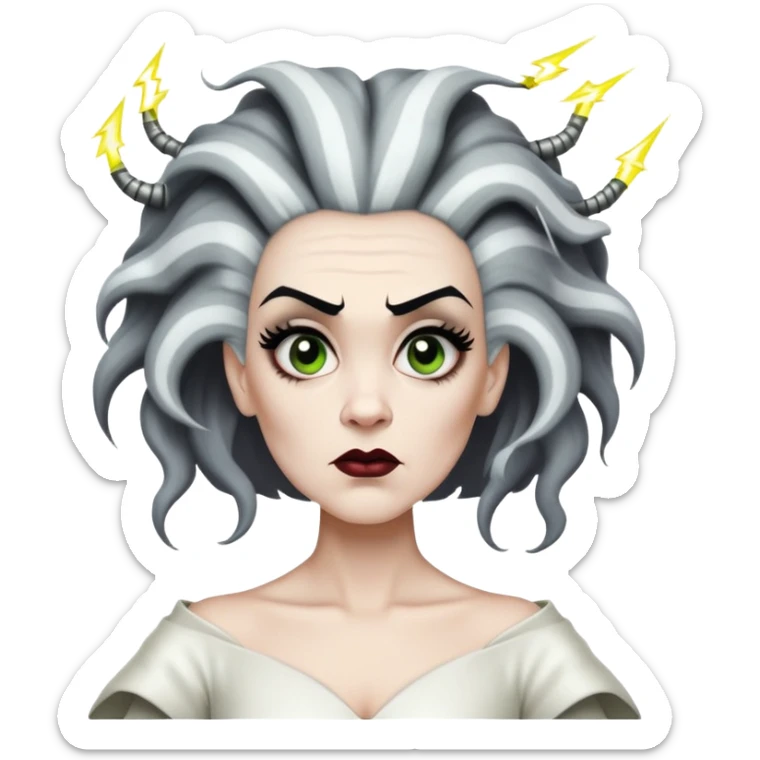 Bride of Frankenstein with tall black and white hair with lightning streaks sticker