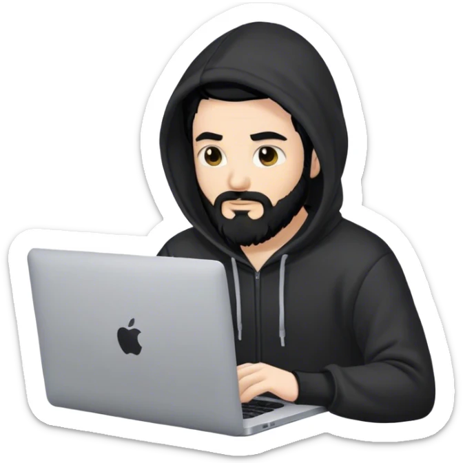 hackeur blanc cheveux noir barbe et capuche noir avec un macbook sticker