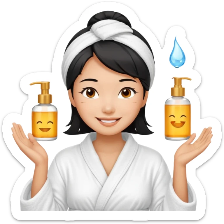 A black-haired East Asian woman smiling with a satisfied, relaxed expression. She is wearing a bathrobe, in the middle of her skincare routine, and her skin looks radiant. sticker