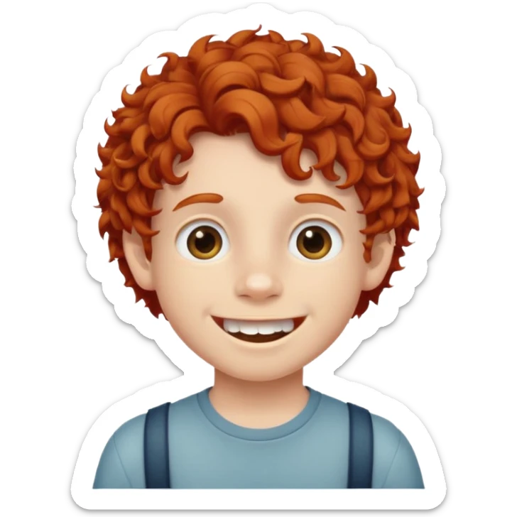 redhead kid with unique face features and very curly hair kid boy happy and braces on teeth sticker