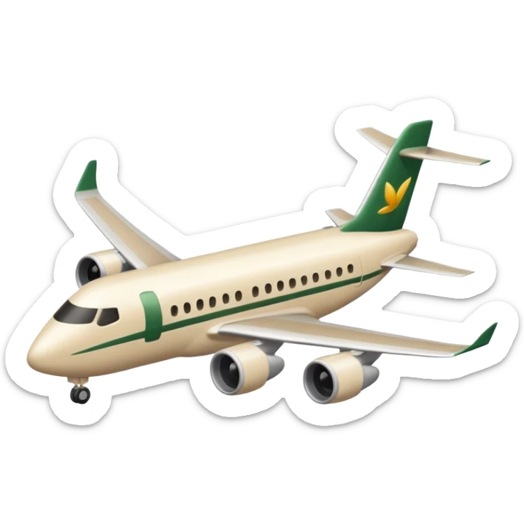 long light beige passenger airplane with light beige wings and dark green accents, emoji style sticker