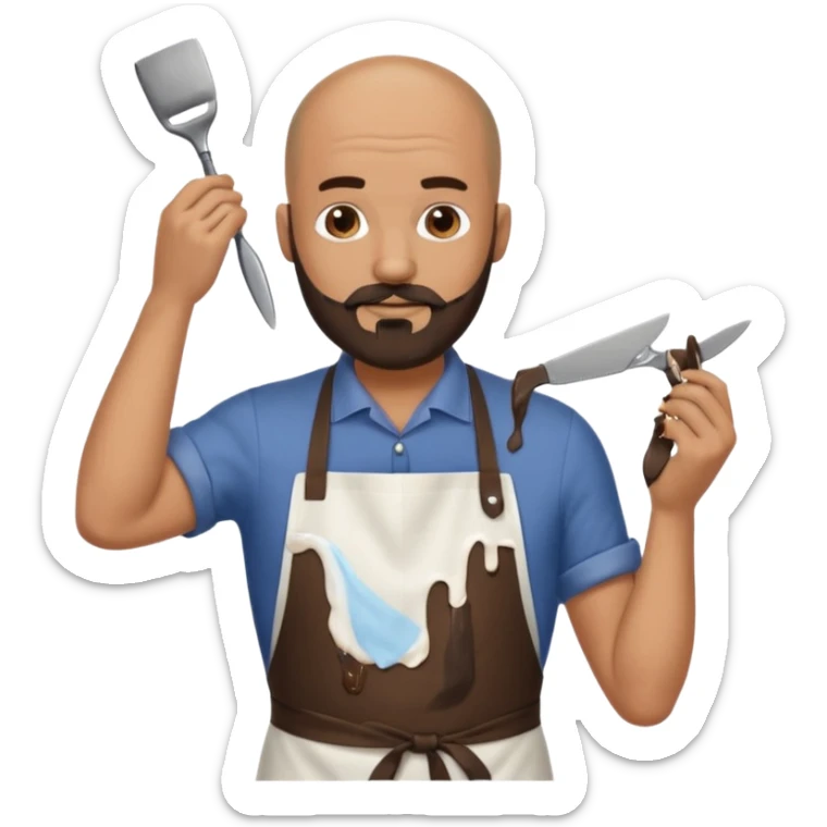 A bald man with a dark brown beard cutting someone’s hair eating poop sticker