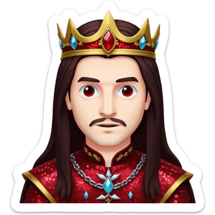Vlad Tepes with long dark brown hair, dark red sequin outfit sticker