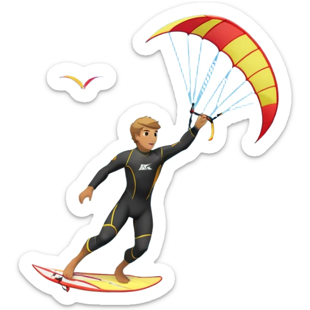 A kite surfer soaring above the waves, holding onto a kite with the wind in full force. The background showcases the ocean and sky, emphasizing the freedom, thrill, and energy of the sport. The motion of the kite and board is dynamic, capturing the excitement of kiting. sticker