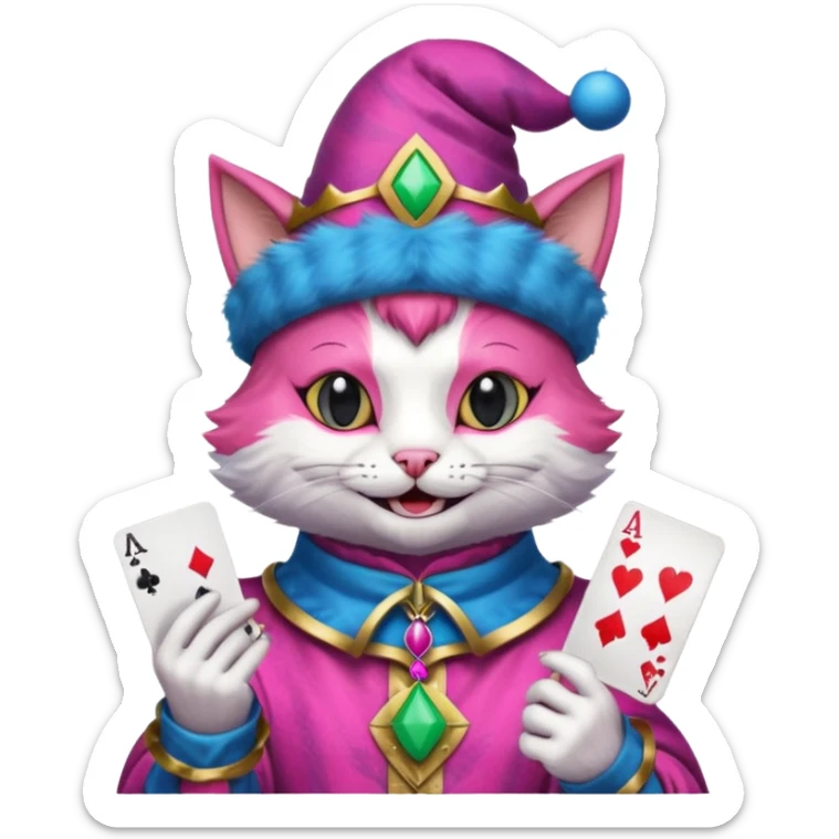 court jester cat medieval, poker card ace, pink and blue sticker