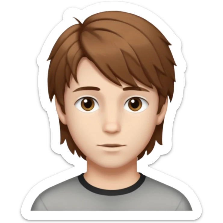 A young white boy with brown hair and eyes, with slightly long, straight and disheveled hair with wolfcut haircut, Make it look aesthetic, it's a trans boy sticker