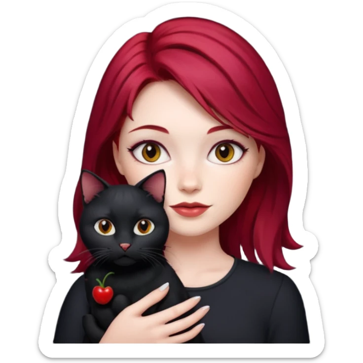 Woman with cherry red hair and white skin holding a black cat sticker