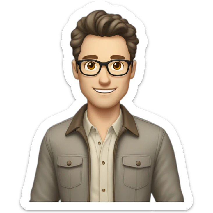 Joyful Pale skinned Fit Man With dark brown hair in gray jacket, beige office shirt, Brown pants and vintage glasses. His thrumbs up sticker
