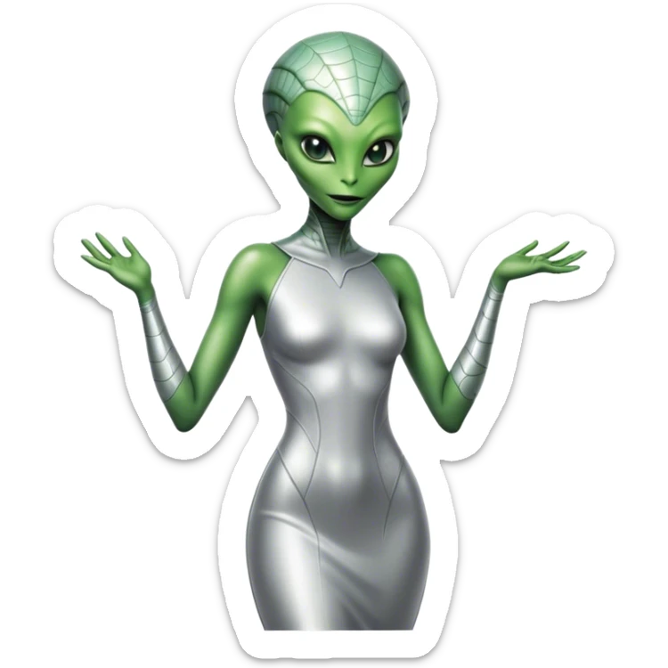 alien reptilian woman in silver dress, green eyes sticker