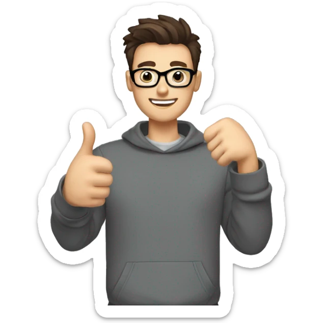 a man with short brown hair, quiff, beard and black round glasses, dark brown eyes, wearing a gray sweatshirt and a professional camera, giving a thumbs up sticker