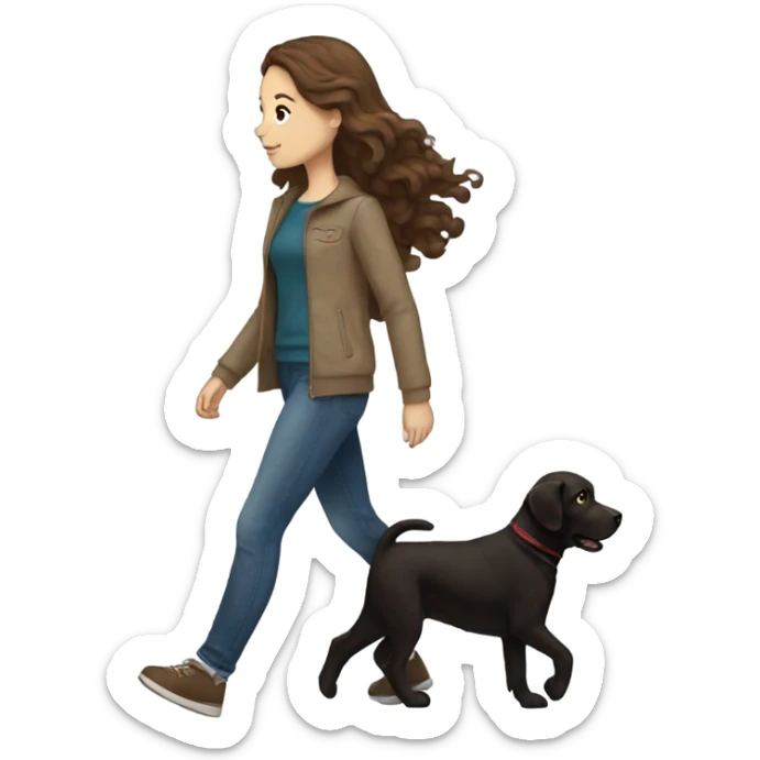 White girl with wavy brown hair walking a black Labrador sticker