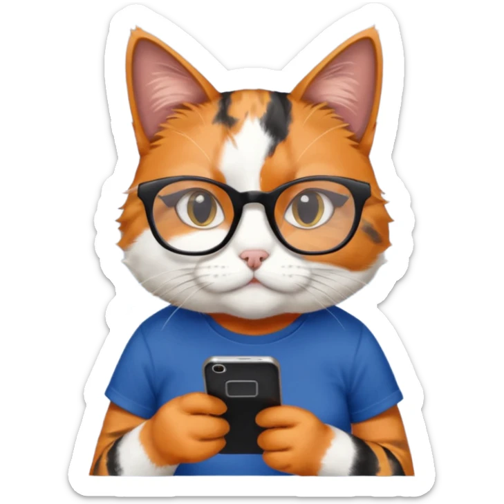 un gato de tres colores naranja, negro y blanco con gafas de leer con un celular en manos leyendo comentarios y que tenga una remera color azul oscuro que diga UOM sticker