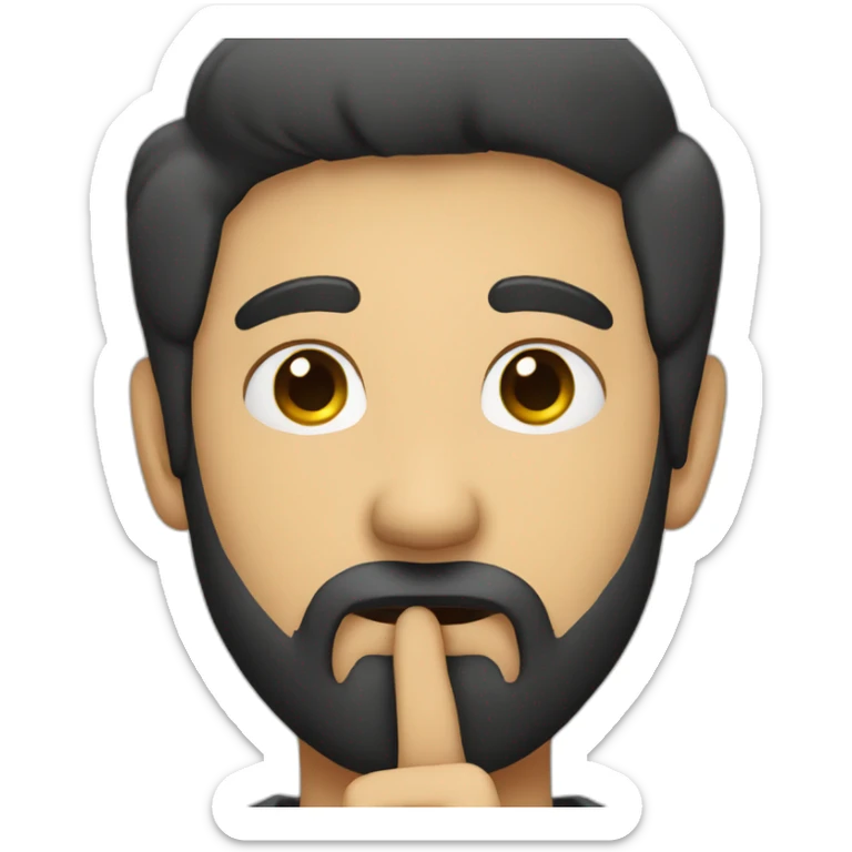 A guy with his finger in his mouth making the silence sign, black hair, beard sticker