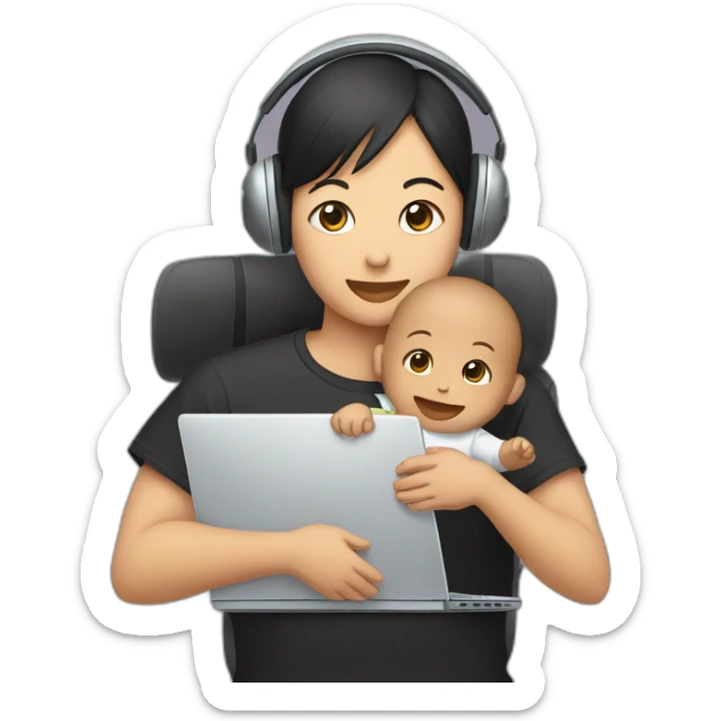 black t-shirt, asian with headset carrying baby in front of a computer sticker