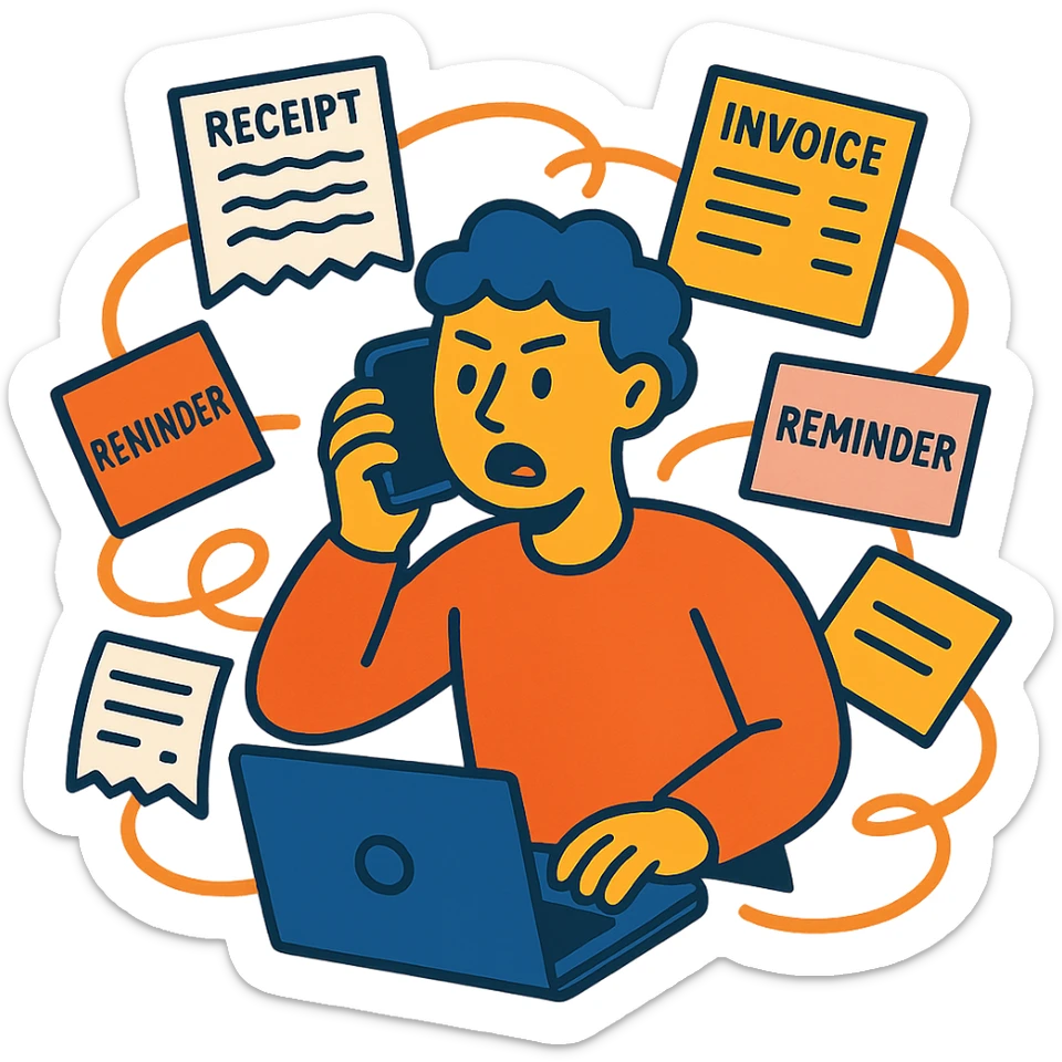 person holding a phone in one hand, laptop open in front, storm of receipts, invoices, and reminders swirling around, multitasking chaos sticker