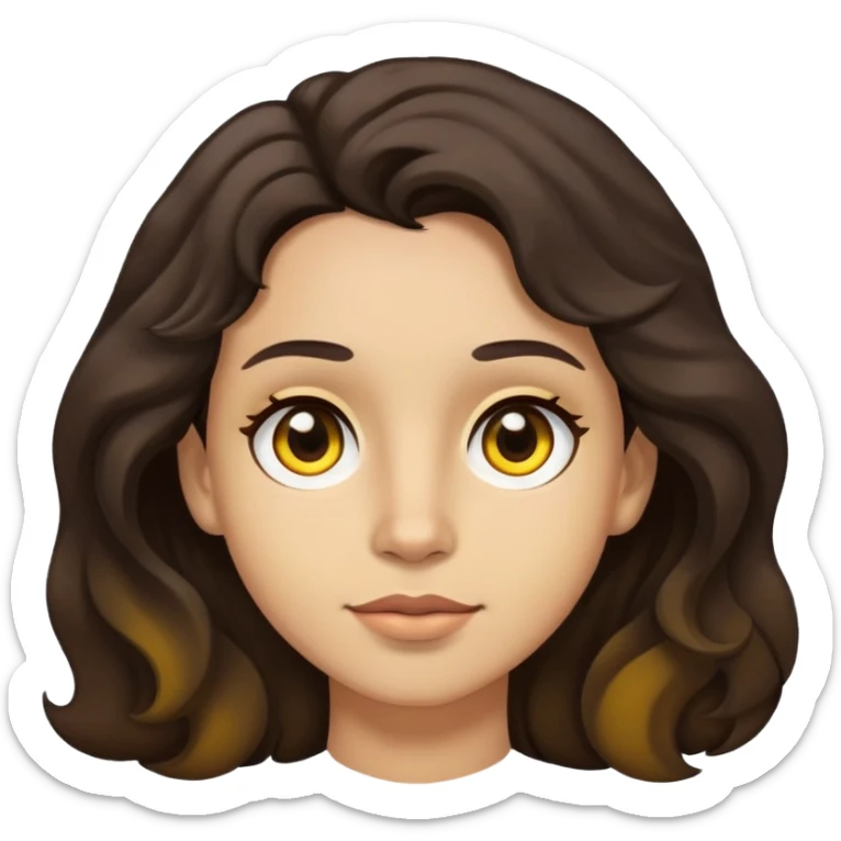 piel blanca con subtono amarillo, cabello castaño oscuro ondulado, ojos café, lunar en mejilla izquierda  sticker