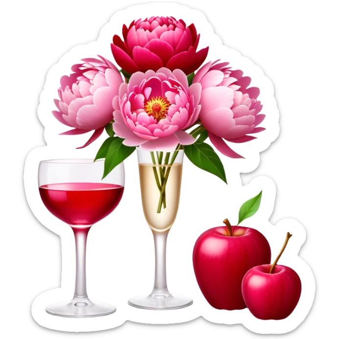 An elegant glass flacon in Champagne Pink glows softly next to vibrant Candy Apple Red peonies. The scene captures a perfect blend of sophistication and bold floral beauty." sticker