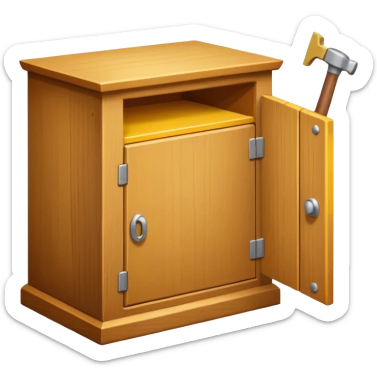 Compact emoji-style icon showing a small wooden cabinet with one door slightly open, a hammer resting beside it, and a plank of wood leaning in the background. Light brown wood tones, silver hammer head, yellow handle. Soft shadows, clean glossy look.  sticker
