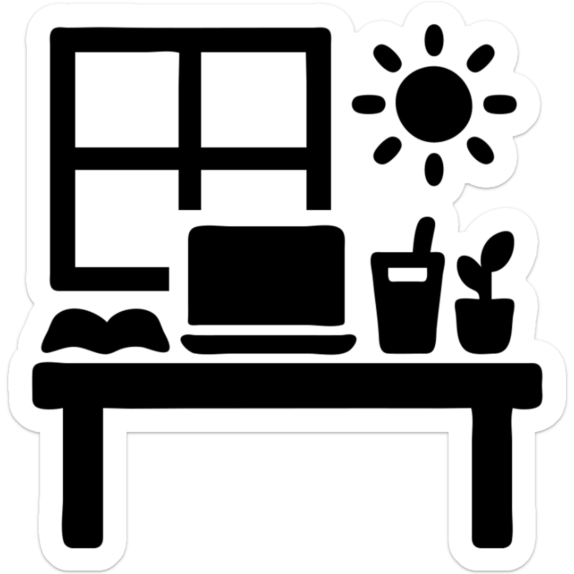 A desk by the window with summer sunshine in the background. On the desk, there is a laptop, a cup of iced coffee, and a small plant. An opened book is also present. sticker