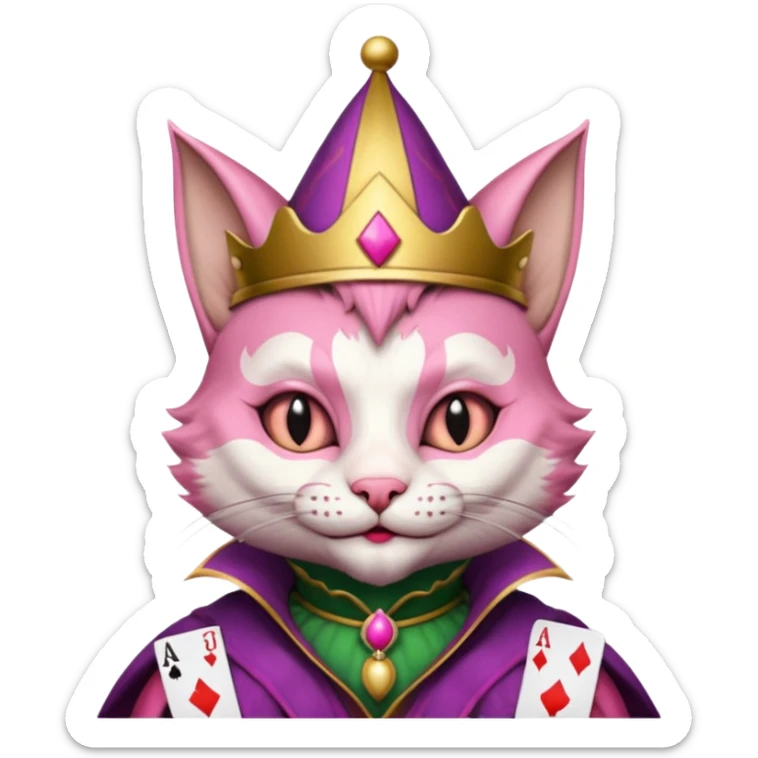 court jester cat medieval, single poker card joker clearly visible, pink, face only sticker