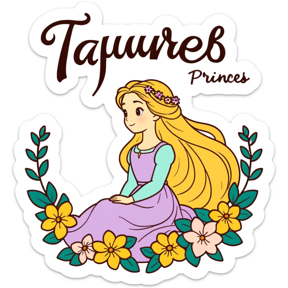 Poster-style sticker, pastel green background. In the center: Rapunzel with long golden hair and flowers. On top: TAURUS. Below in cursive: ‘Nature’s Princess’. At the bottom: ‘Grounded, loving, graceful.’ 🌿🌸✨ sticker