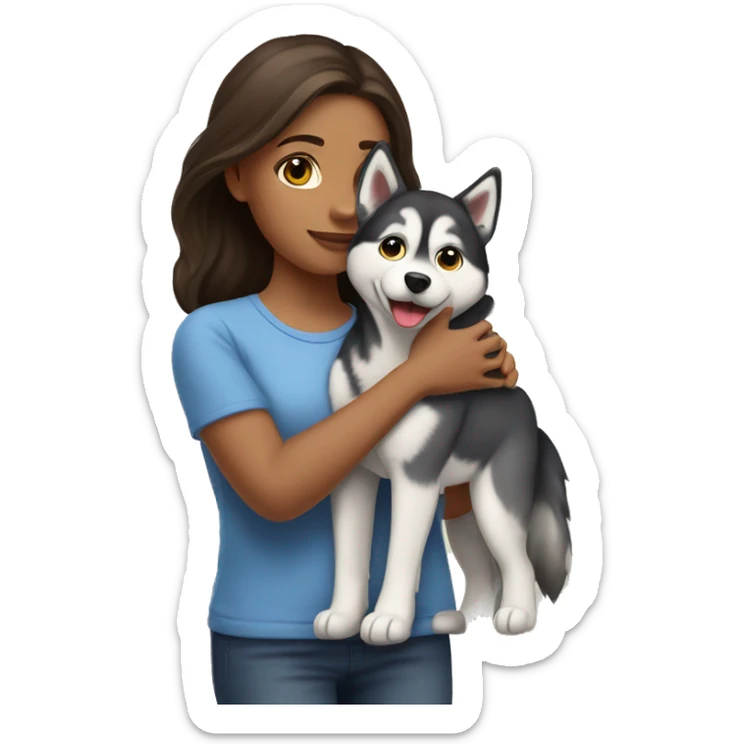 Girl with brunette hair hugs Breed of husky sticker