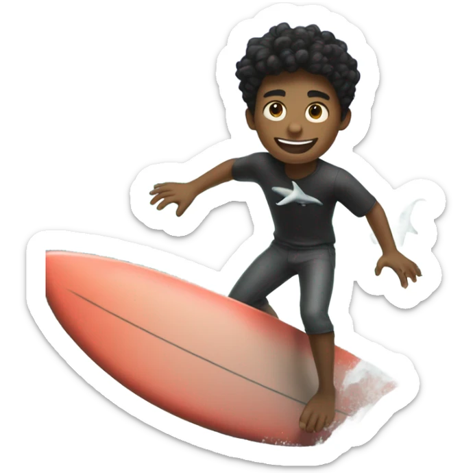 black haired boy portrait riding on a surfboard with a shark in the ocean sticker