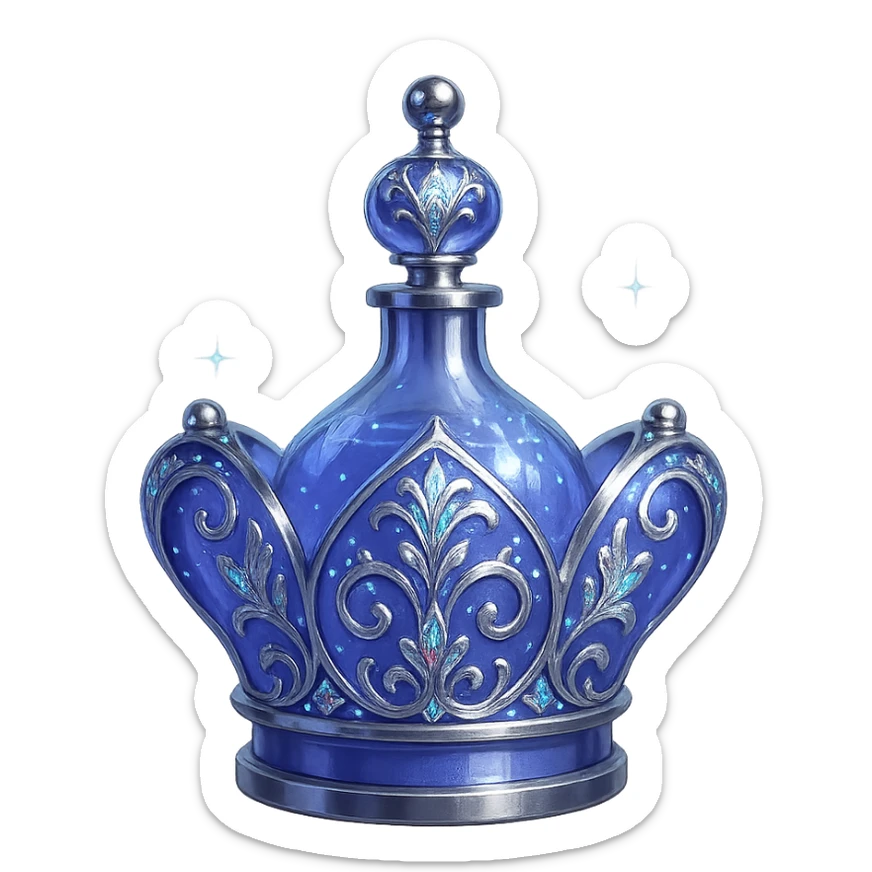 modernus itin prabangus eliksyro buteliukas, maža karūnėlės forma, spalva #7986cb, ryškūs sidabriniai ir holografiniai ornamentai, sodrūs magiški efektai, labai mažas kaklelis, skaidrus fonas, vientisas dugnas, be šešėlio, plūduriuoja ore, kolekcijos stilius sticker