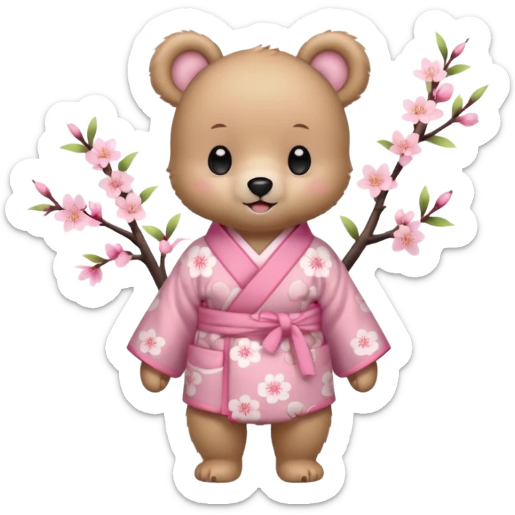 A cute baby bear character in pastel style, standing upright like a human. 
Light brown soft fur, large round ears, rounded paws and feet. 
Big cute black dot eyes, medium blush cheeks, and a tiny smiling mouth. 
Wearing a pink kimono with soft cherry blossom patterns on the sleeves and bottom,  sticker