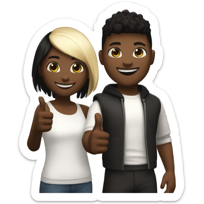 A black Roblox girl, a white American Roblox boy standing together. Both of them giving a thumbs up and smiling sticker