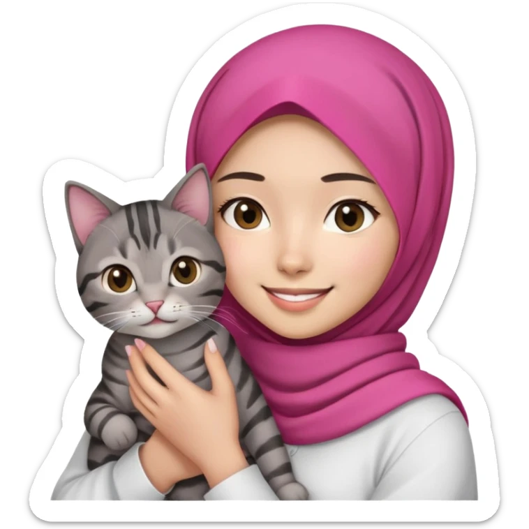 Asian white Girl wearing dark pink hijab with white shirt smiling while holding a black brown grey tabby cat sticker