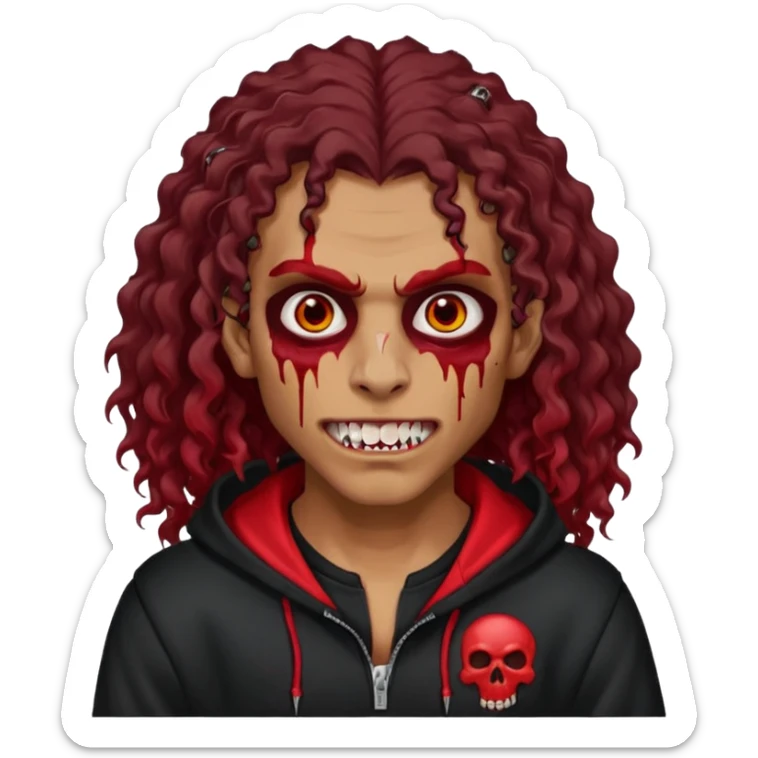 Vampire wearing black hoodie with a skull logo on it, long curly hair, brown skin, fanged teeth, blood under eye sockets/forehead, piercings on eyebrows and long curly hair with a patch (section) of red sticker