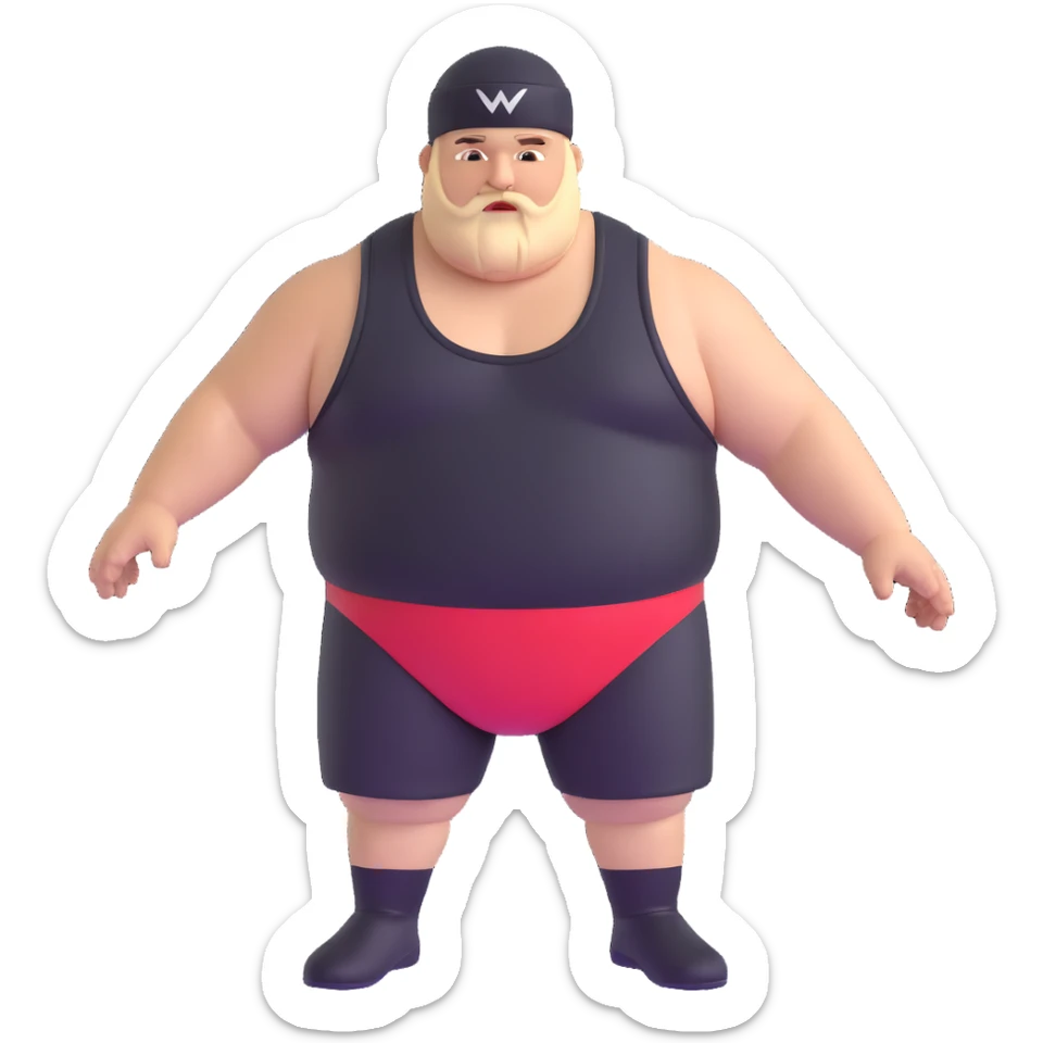 White skin fat guy with black durag, light stubble beard of a few days in wrestling singlet sticker