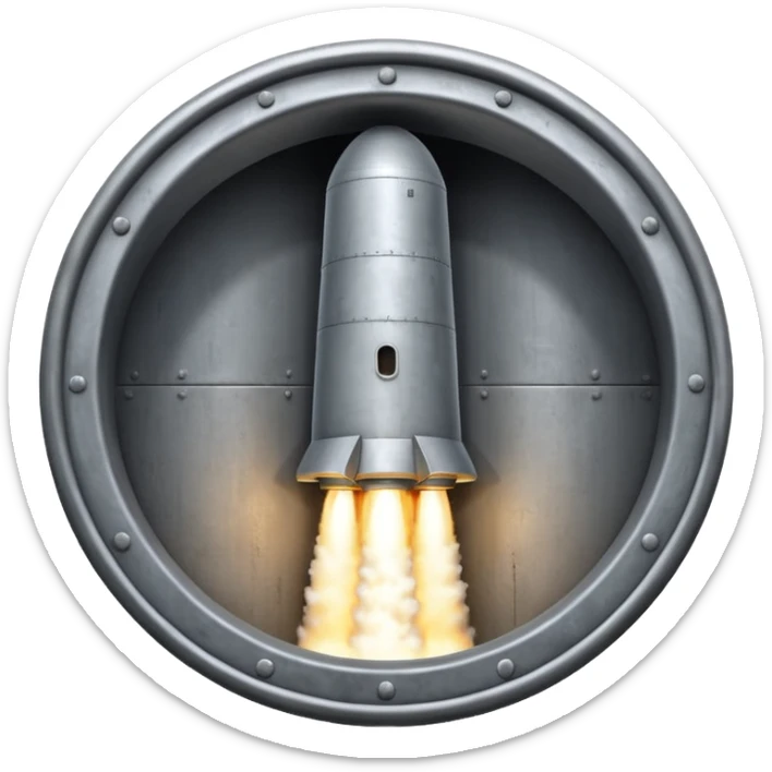 grey missile silo hatch open, and the top two thirds of a white nuclear missile launching out of the silo is shown sticker