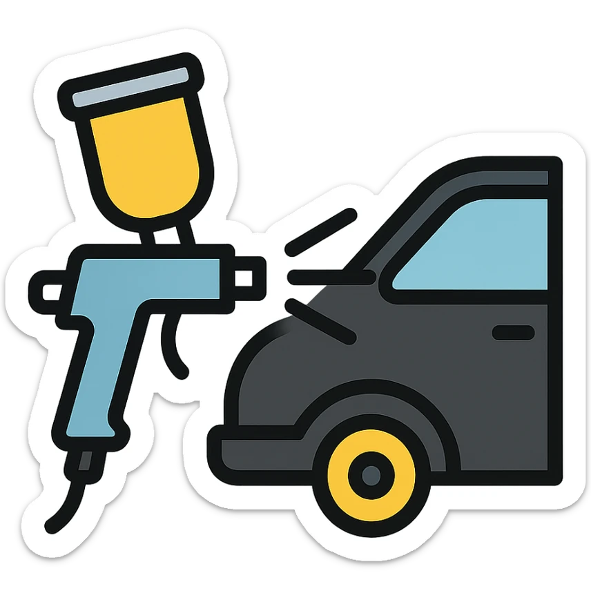 paint spray gun pointing at a section of a car, light layer of glossy black paint spraying out, main color glossy black with silver details, clean lines, modern and clean style, no excess paint sticker