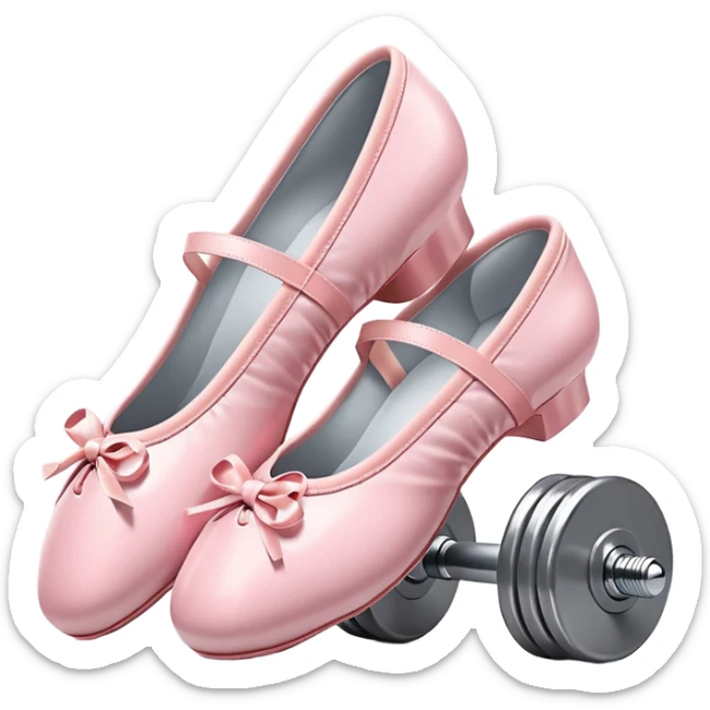 A high-quality 3D icon of pink ballet shoes next to a grey dumbbell. Soft studio lighting, cute and glossy texture. sticker