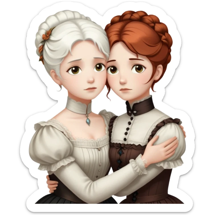 Two Victorian women with light eyes embracing in a sad, intimate hug. One woman has bright white coiffed hair and the other has dark copper coiffed hair. Both wearing Victorian high-neck dresses with their arms wrapped tightly around each other sticker