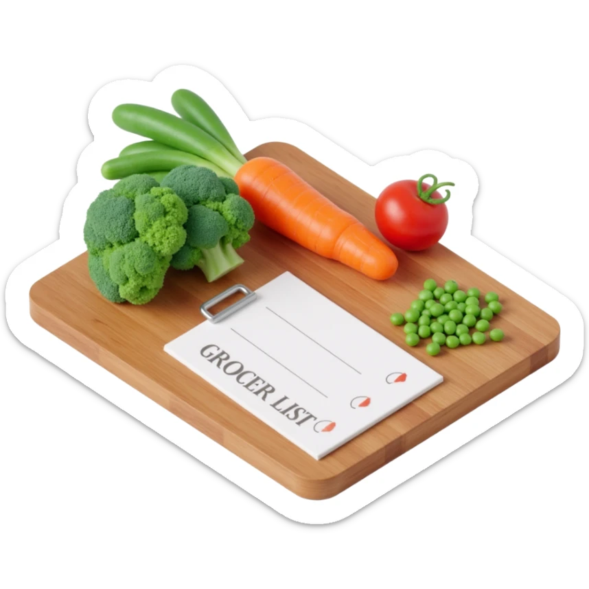 3D isometric illustration of a wooden cutting board with fresh vegetables (carrot, broccoli, tomato, peas), a paper grocery list with checkboxes, soft lighting, realistic textures, floating shadows, minimalistic style, dark background, modern food planning app aesthetic sticker