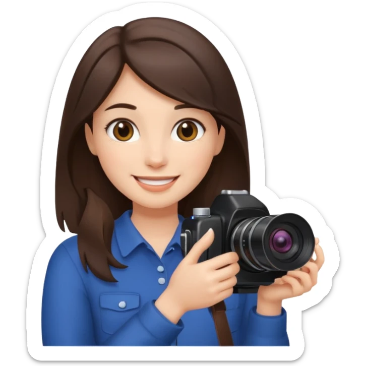 A brunette girl smiling, she’s a proud and successful filmmaker 🍿🌍✨ Holding a camera or behind / next to a camera, / holding awards  sticker